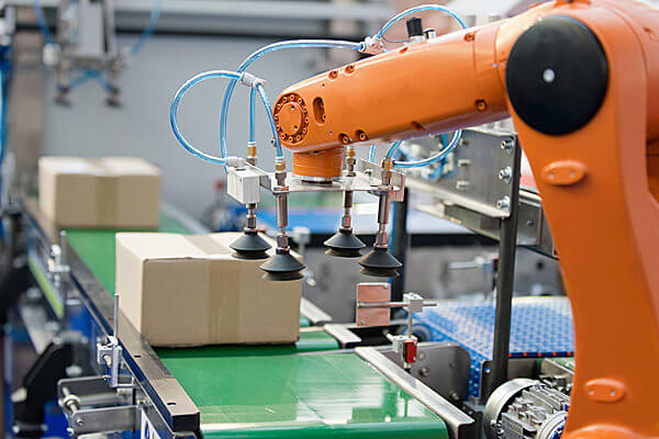 Robot Arm Working With Boxes on Conveyor Equipment